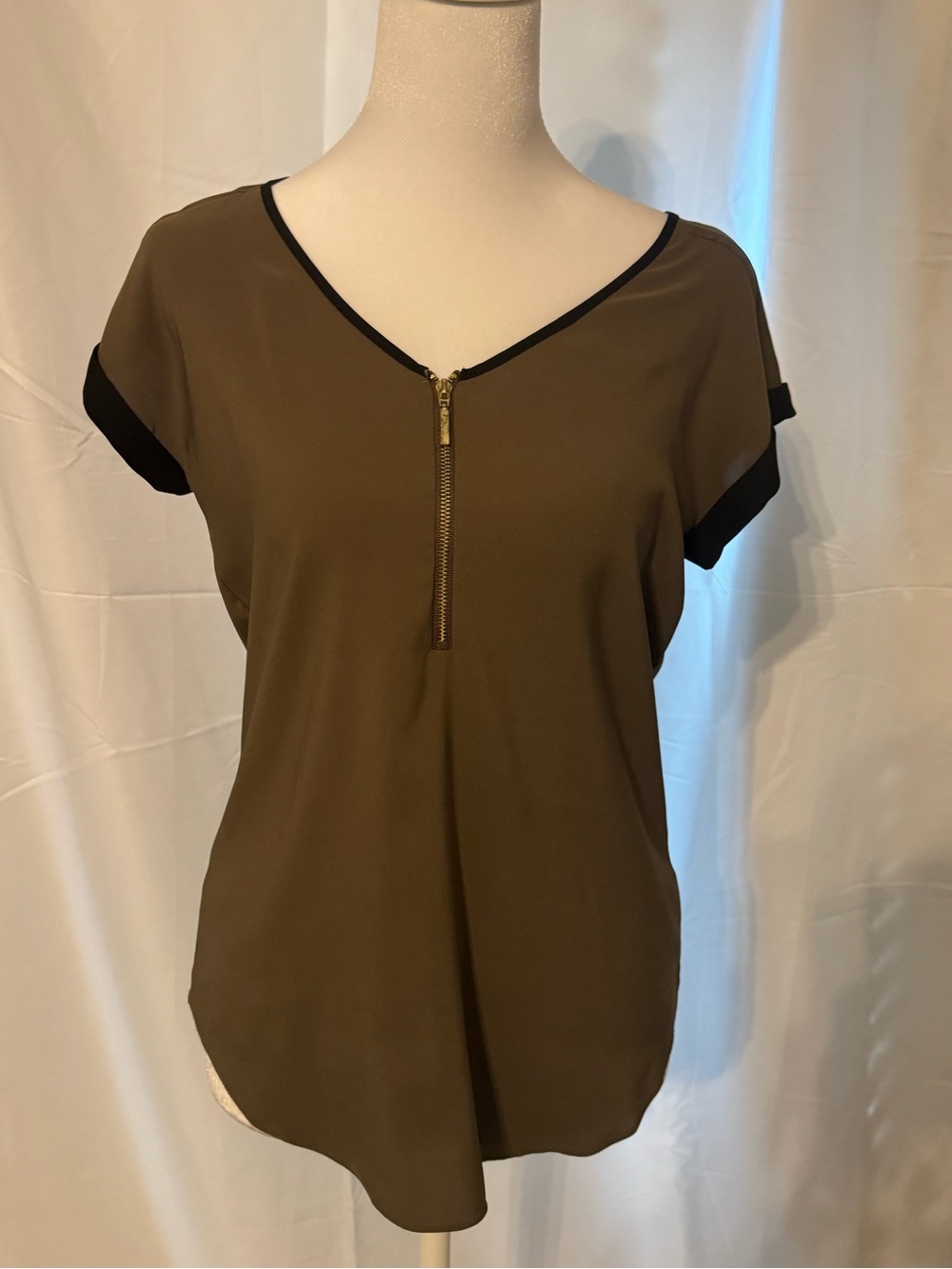 Express Olive Short Sleeve Zip Front Top with Black Trim